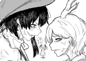 Rule 34 | 3girls, absurdres, anger vein, angry, antlers, bandana, black hair, blonde hair, clenched teeth, cowboy hat, dragon horns, hat, highres, horns, kicchou yachie, kurokoma saki, long hair, monochrome, motutigire, multiple girls, short hair, spoken anger vein, teeth, touhou, toutetsu yuuma, white bandana