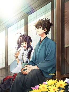 1boy 1other ahoge androgynous architecture artist_name black_hair black_hakama blue_kimono bracelet braid closed_eyes cup east_asian_architecture fate/samurai_remnant fate_(series) flower food hair_intakes hair_over_shoulder hakama highres holding holding_cup holding_food holding_skewer japanese_clothes jewelry kimono long_braid long_hair looking_up mitaka0205 miyamoto_iori_(fate) necklace open_mouth other_with_male shouji sidelocks single_braid sitting skewer sliding_doors smile topknot yamato_takeru_(fate) yunomi