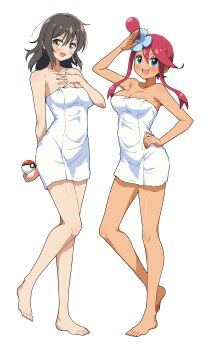 2girls :d absurdres armpit_crease asuka_(senran_kagura) barefoot black_hair blue_eyes blush body_blush breasts brown_eyes cleavage collarbone commentary commission eggman_(ni_tamagoex) hair_between_eyes hair_down hair_ornament hand_on_own_chest hand_on_own_hip highres holding holding_poke_ball large_breasts long_tongue looking_at_viewer medium_breasts medium_hair multiple_girls naked_towel nintendo one_side_up open_mouth poke_ball poke_ball_(basic) pokemon pokemon_bw red_eyes red_hair salute senran_kagura senran_kagura_shoujo-tachi_no_shin'ei shiny_skin short_hair_with_long_locks simple_background skeb_commission skyla_(pokemon) smile swept_bangs symbol-only_commentary tan teeth tongue towel upper_teeth_only white_background