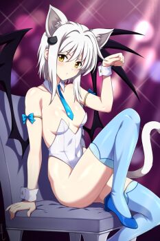 1girl animal_ears armlet blue_shoes blue_thighhighs blurry blurry_background blush breasts cat_ears cat_girl cat_hair_ornament cat_tail chair commentary covered_navel detached_collar english_commentary hair_between_eyes hair_ornament high_heels high_school_dxd highleg highleg_leotard highres jewelry knee_up leotard lindaroze looking_at_viewer medium_hair necktie on_chair paw_pose shoes sitting small_breasts solo strapless strapless_leotard tail thighhighs toujou_koneko white_leotard wings wrist_cuffs yellow_eyes