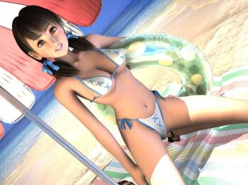 1girl 3d beach bikini brown_eyes brown_hair covered_erect_nipples day female_focus flear hair_ribbon incise_soul m-rs ribbon side-tie_bikini_bottom solo string_bikini swimsuit twintails undersized_clothes
