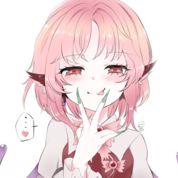 ... 1girl :p bird_girl bird_wings blush commentary fingernails heart long_fingernails looking_at_viewer mystia_lorelei nail_polish pink_hair red_eyes shirt short_hair signature simple_background smile solo spoken_ellipsis spoken_heart tongue tongue_out touhou touya_(148rty) v v_over_mouth white_background white_shirt wing_ears wings