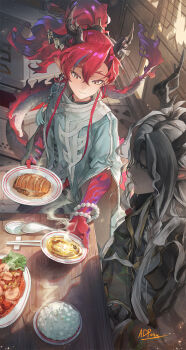 2boys adpong architecture arknights bead_bracelet beads bracelet brothers chopsticks colored_extremities commentary_request design_speculation dragon_boy dragon_horns dragon_tail east_asian_architecture food grey_eyes hair_between_eyes highres horns jewelry light_smile long_hair long_sleeves male_focus multiple_boys plate pointy_ears red_hair red_hands shrimp siblings spoon steam tail wang_(arknights) yu_(arknights)