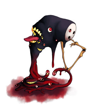 absurdres arakune arc_system_works blazblue blazblue:_calamity_trigger blob blood bone creepy eldritch_abomination extra_eyes extra_mouth finger_to_mouth glowing glowing_eyes highres horror_(theme) kanta-kun kanta_kun mask monster no_humans open_mouth red_eyes sharp_teeth teeth tongue tongue_out