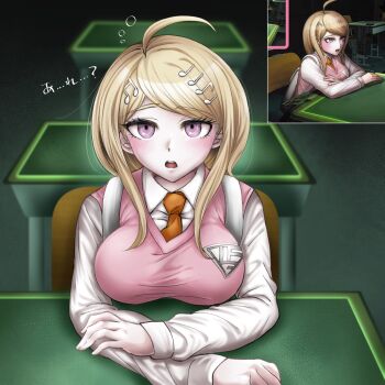 1girl absurdres ahoge akamatsu_kaede backpack bag blonde_hair blush breasts collared_shirt commentary_request danganronpa_(series) danganronpa_v3:_killing_harmony desk fortissimo game_screenshot_inset hair_ornament highres indoors large_breasts long_hair long_sleeves looking_at_viewer moon_(moon0771110) musical_note musical_note_hair_ornament necktie open_mouth orange_necktie pink_eyes pink_vest school_desk screenshot_inset shirt sitting solo swept_bangs translation_request vest white_bag white_shirt