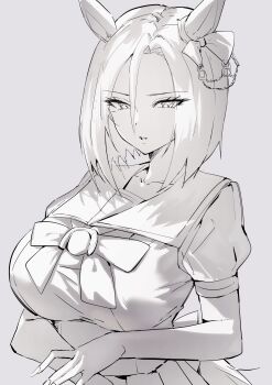 1girl absurdres air_groove_(umamusume) animal_ears bow bowtie breasts ear_bow ear_chain ear_ornament grey_background greyscale hair_between_eyes highres horse_ears horse_girl horseshoe_ornament katagiri_nanoka large_breasts linked_piercing looking_at_viewer monochrome piercing puffy_short_sleeves puffy_sleeves sailor_collar sailor_shirt school_uniform shirt short_hair short_sleeves simple_background solo tracen_school_uniform umamusume upper_body