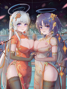 absurdres black_gloves black_halo black_thighhighs blue_archive blush breast_press breasts china_dress chinese_clothes cleavage cleavage_cutout closed_mouth clothing_cutout commentary_request dress earrings elbow_gloves fireworks gloves grey_dress hair_ornament hairclip halo highres holding holding_fireworks holding_hands jewelry large_breasts long_hair looking_at_viewer mechanical_halo new_year night noa_(blue_archive) open_mouth outdoors pink_eyes purple_hair red_dress short_sleeves smile symmetrical_docking thighhighs user_fras2454 very_long_hair white_hair white_halo yuuka_(blue_archive)