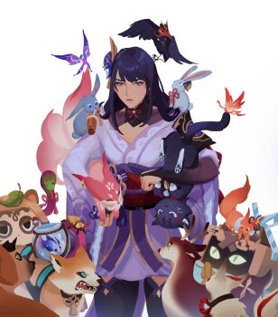 1girl absurdres aina_(mayexplode) animal animal_on_shoulder antlers aquarium arataki_itto ayaka_(genshin_impact) breasts bridal_gauntlets bubble_tea cat cat_tail cleavage closed_mouth crystalfly_(genshin_impact) dog fish flower genshin_impact gorou_(genshin_impact) hair_ornament highres holding holding_animal horns japanese_clothes kaedehara_kazuha kamisato_ayato kimono kirara_(cat)_(genshin_impact) kirara_(genshin_impact) kujou_sara kujou_sara_(bird) kuki_shinobu long_hair looking_at_viewer medium_breasts mole muji-muji_daruma_(genshin_impact) obi obiage obijime purple_eyes purple_hair rabbit raiden_shogun sangonomiya_kokomi sash scaramouche_(cat)_(genshin_impact) scaramouche_(genshin_impact) shikanoin_heizou simple_background snake squirrel tail thighhighs thoma_(genshin_impact) upside-down yae_miko yae_miko_(fox) yoimiya_(genshin_impact)