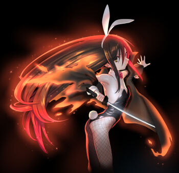 1girl ahoge alastor_(shakugan_no_shana) animal_ears black_hair black_leotard blush bow bowtie brown_eyes burning burning_clothes covered_navel detached_collar fake_animal_ears fake_tail fishnet_pantyhose fishnets flat_chest gradient_hair hair_between_eyes highleg highleg_leotard highres jewelry leotard loli long_hair looking_at_viewer multicolored_hair ohlia pantyhose pendant playboy_bunny rabbit_ears rabbit_tail red_hair shakugan_no_shana shana solo strapless strapless_leotard sword tail traditional_bowtie very_long_hair weapon wrist_cuffs