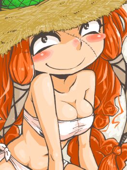 1girl barbara_(rayman) bikini blush blush_stickers breasts cleavage commentary_request hat large_breasts long_hair looking_at_viewer navel nose_blush orange_hair partial_commentary rayman_(series) rayman_legends scar scar_on_face side-tie_bikini_bottom smile solo straw_hat swimsuit tobatoinu very_long_hair white_bikini