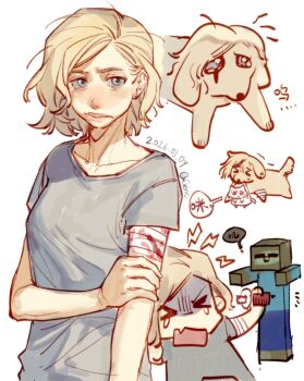 >_< 1girl absurdres animalization bandaged_arm bandages blonde_hair breasts cat commentary crying dated dog emily_(resident_evil) furrowed_brow grace_ashcroft grey_shirt highres medium_breasts minecraft resident_evil resident_evil_requiem shirt short_hair swept_bangs t-shirt tears tongshengzhan_tutourou twitter_username untranslatable_commentary white_background