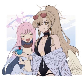 Rule 34 | 2girls, bikini, black one-piece swimsuit, blue archive, breasts, closed eyes, cupping glass, feathered wings, frilled bikini, frills, gradient halo, halo, highres, holding, long hair, looking at viewer, low wings, melvi0, mika (blue archive), mika (swimsuit) (blue archive), multicolored halo, multiple girls, nagisa (blue archive), nagisa (swimsuit) (blue archive), official alternate costume, official alternate hairstyle, one-piece swimsuit, open mouth, pink hair, pink halo, revision, smile, sunglasses, swimsuit, white bikini, white wings, wing ornament, wings
