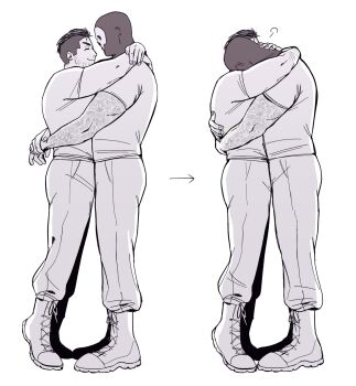 2boys arm_tattoo arms_around_neck boots call_of_duty closed_eyes commentary cross-laced_footwear facial_hair ghost_(modern_warfare_2) greyscale hashtag-only_commentary head_on_another&#039;s_shoulder highres hug male_focus mask mohawk monochrome multiple_boys oooyinghu pants profile shirt shoelaces short_hair short_sleeves simple_background skull_mask smile soap_(modern_warfare_2) standing tattoo tattoo_sleeve tiptoes white_background yaoi