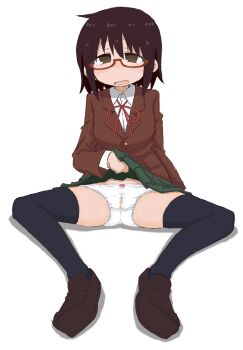 1girl black_thighhighs blush bow bow_panties brown_eyes brown_hair brown_jacket brown_shoes cameltoe clothes_lift collared_shirt embarrassed female_focus glasses green_skirt half-closed_eyes have_to_pee jacket lifting_own_clothes long_sleeves matching_hair/eyes miniskirt neck_ribbon nose_blush open_mouth original panties pee_stain peeing peeing_self pleated_skirt ponnu_(tnpn2yw) presenting red-framed_eyewear red_ribbon ribbon school_uniform semi-rimless_eyewear shirt shoes short_hair sidelocks simple_background sitting skirt skirt_lift solo spread_legs thighhighs underwear wet wet_clothes wet_panties white_background white_panties white_shirt
