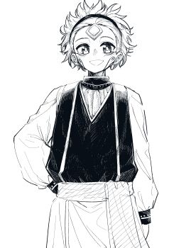 1boy :d absurdres aged_down alien apoqulyps_245 black_collar black_vest blush collar commentary_request ear_blush facial_mark greyscale hairband hand_on_own_hip highres jujutsu_kaisen jujutsu_kaisen_modulo long_sleeves looking_at_viewer male_focus marulu_val_vol_yelvori monochrome open_mouth petite puffy_long_sleeves puffy_sleeves sash shirt short_hair smile solo vest white_sash white_shirt