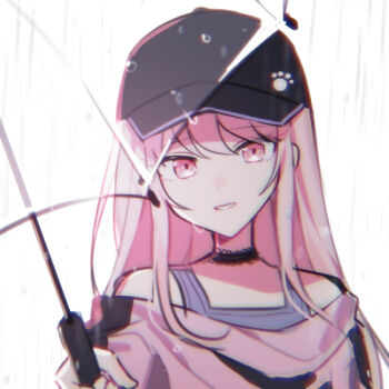 1other akiyama_mizuki baseball_cap black_choker black_hat bokutachi_no_seizon_tousou_(project_sekai) choker commentary_request hair_down hat long_hair long_sleeves looking_at_viewer official_alternate_costume official_alternate_hairstyle other_focus paw_print pink_eyes pink_hair pink_sweater project_sekai purple_shirt rain shirt sidelocks simple_background sleeveless sleeveless_shirt smile solo sweater transparent transparent_umbrella umbrella upper_body waka_(wk4444) wet wet_clothes white_background