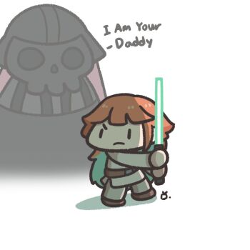2girls chibi cosplay darth_vader darth_vader_(cosplay) earrings energy_sword english_text feather_earrings feathers hololive hololive_english i_am_your_father_(meme) jedi jewelry lightsaber luke_skywalker luke_skywalker_(cosplay) meme mori_calliope multiple_girls parody pink_hair smol_kiara star_wars star_wars:_the_empire_strikes_back sword takanashi_kiara underdatv virtual_youtuber weapon