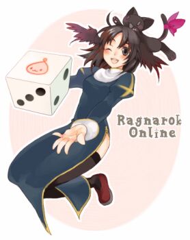 1girl ;d animal animal_on_head black_cat black_eyes black_hair black_thighhighs black_wings blue_dress blush cat cat_on_head copyright_name dice dress drooping_cat full_body head_wings juliet_sleeves kafuu_iroha long_sleeves looking_at_viewer on_head one_eye_closed open_mouth outline poring priest_(ragnarok_online) puffy_sleeves ragnarok_online red_footwear shoes short_hair side_slit sleeve_cuffs smile teeth thighhighs upper_teeth_only white_outline wings zettai_ryouiki