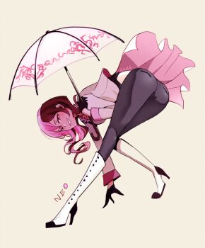 1girl ass boots brown_hair evil_face female_focus gloves grin high_heel_boots high_heels kuma_(bloodycolor) multicolored_hair neopolitan_(rwby) pink_hair rwby simple_background smile smug solo split-color_hair umbrella white_boots