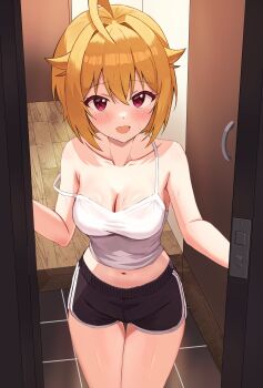 Rule 34 | 1girl, :d, ahoge, armpit crease, armpits, black shorts, blonde hair, blush, breasts, camisole, cleavage, collarbone, commentary, cowboy shot, curtained hair, dolphin shorts, doorway, dot nose, floris (saber13), hair flaps, highres, ibuki tsubasa, idolmaster, idolmaster million live!, idolmaster million live! theater days, indoors, large breasts, looking at viewer, midriff, navel, no bra, open door, open mouth, opening door, pov doorway, short hair, shorts, smile, solo, standing, strap slip, sweat, thigh gap, tile floor, tiles, very sweaty, white camisole, wooden floor