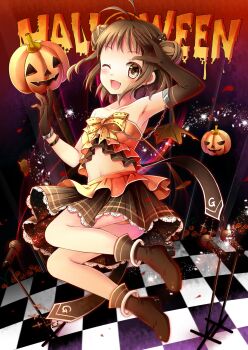 Rule 34 | ;d, absurdres, ankle boots, antenna hair, arm up, armpits, asymmetrical gloves, bare shoulders, bat wings, black boots, black gloves, blush, boots, bow, brown eyes, brown hair, chain, checkered floor, dark background, double bun, elbow gloves, fang, frilled tube top, frills, gloves, gyaza, hair bun, halloween, hand on own head, hand up, highres, jack-o'-lantern, jumping, kantai collection, lace, lace-trimmed skirt, lace trim, layered skirt, microphone stand, midriff, miniskirt, naka (kancolle), one eye closed, open mouth, orange panties, orange tube top, panties, pantyshot, plaid clothes, plaid skirt, pumpkin, short hair, skirt, smile, solo, strapless, tube top, underwear, uneven gloves, wings, yellow bow