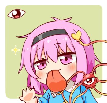 Rule 34 | 1girl, blue shirt, blush, commentary request, hair between eyes, hairband, komeiji satori, long sleeves, pink eyes, pink hair, shirt, short hair, solo, third eye, tongue, tongue out, touhou, yige lurenjia