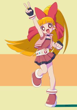 1girl akazutsumi_momoko black_gloves blossom_(ppg) commentary_request fingerless_gloves gloves hair_ribbon highres hyper_blossom looking_at_viewer lv41_(lv41low) miniskirt orange_hair powerpuff_girls powerpuff_girls_z red_eyes ribbon simple_background skirt victory_pose