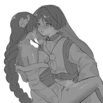 1boy 1girl arm_at_side bare_shoulders between_legs blunt_bangs blunt_ends blush bow braid breasts clothes_down clothing_cutout fan_hair_ornament feathers genshin_impact hair_intakes hair_ornament half-closed_eyes highres incest japanese_clothes jowke5 kariginu kimono layered_kimono layered_sleeves leaning_back leaning_forward leaning_on_person long_hair long_sleeves looking_at_another low-braided_long_hair low-tied_long_hair medium_breasts monochrome mother_and_son obi open_mouth pom_pom_(clothes) raiden_shogun sash scaramouche_(genshin_impact) scaramouche_(kabukimono)_(genshin_impact) see-through_clothes see-through_veil shoulder_cutout sidelocks spread_legs star_(symbol) star_hair_ornament steaming_body string tassel tassel_hair_ornament veil white_background