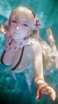 1girl 3d absurdres aqua_background barefoot bikini bikini_skirt blonde_hair blurry blush bracelet breasts cleavage closed_mouth female_corrin_(fire_emblem) female_corrin_(novice_vacationer)_(fire_emblem) depth_of_field earrings eyelashes feet fire_emblem fire_emblem_fates fire_emblem_heroes flower flower_necklace front-tie_bikini_top front-tie_top full_body hair_between_eyes hair_flower hair_ornament highres j9006 jewelry large_breasts lips long_hair looking_at_viewer necklace nintendo pink_eyes pink_flower soles solo swimsuit underwater white_bikini