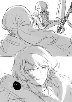 Rule 34 | 1boy, 1girl, a certain sinclair (project moon), absurdres, animal, animal on shoulder, bird, bird on shoulder, breast pocket, clenched hand, closed mouth, coat, collared shirt, commentary, don quixote (project moon), dress shirt, greyscale, hair between eyes, hand up, highres, holding, holding polearm, holding weapon, lance, lapels, limbus company, long sleeves, looking at another, low ponytail, monochrome, necktie, nugii, open clothes, open coat, pocket, polearm, ponytail, project moon, shirt, short hair, sinclair (project moon), sketch, smile, untranslatable commentary, trench coat, tsurime, undershirt, weapon, wide-eyed, wing collar