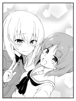 2girls blush border commentary_request girls_und_panzer greyscale halftone highres itsumi_erika kuromorimine_school_uniform looking_at_viewer medium_hair monochrome multiple_girls nagomiya_(shousha) nishizumi_miho ooarai_school_uniform open_mouth school_uniform selfie short_hair smile textless_version v