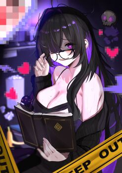 Rule 34 | 1girl, absurdres, adjusting eyewear, banana peel, black-framed eyewear, black hair, black jacket, black tank top, blurry, blurry background, book, breasts, caution tape, cleavage, colored inner hair, commentary request, drooling, floating skull, goddess of victory: nikke, hair over eyes, hair over one eye, heart, heart-shaped pupils, highres, hikikomori, holding, holding book, huge breasts, jacket, keep out, label (nikke), long hair, messy room, mouth drool, multicolored hair, mushroom, namakepo, off-shoulder jacket, off shoulder, parted bangs, partially shaded face, pink eyes, pink pupils, pixelated, purple hair, purple streaks, sidelocks, sitting, smile, solo, striped blush, sweat, symbol-shaped pupils, tank top, trash can, upper body