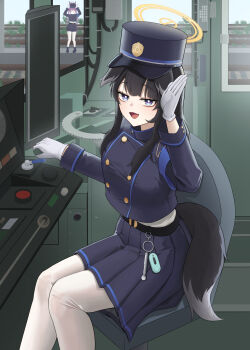 1girl alternate_costume animal_ears black_hair blue_archive blue_eyes cosplay dog_ears dog_girl engineering_department_(blue_archive) halo hibiki_(blue_archive) highres hikari_(blue_archive) long_hair looking_at_viewer nickname25 train train_interior utaha_(blue_archive) yellow_halo