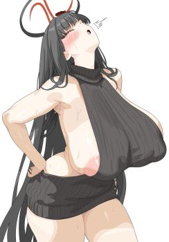 1girl absurdres areola_slip backless_outfit black_hair black_sweater blue_archive breasts closed_eyes dress hair_ornament hairclip halo highres huge_breasts long_hair looking_at_viewer millennium_science_school_logo moaning naked_sweater nipples open_mouth red_eyes rio_(blue_archive) sideboob solo sweat sweater turtleneck turtleneck_sweater txlyre virgin_killer_sweater