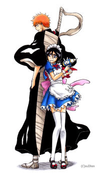1boy 1girl apron artist_name back-to-back black_hair bleach blue_capelet blue_dress capelet chappy commentary_request dress gun hair_between_eyes hand_in_pocket height_difference holding holding_gun holding_weapon japanese_clothes kuchiki_rukia kurosaki_ichigo maid maid_apron maid_headdress official_style orange_hair puffy_short_sleeves puffy_sleeves purple_eyes sandals shihakusho short_dress short_sleeves smile suirennnn sword sword_on_back thighhighs two-sided_capelet weapon weapon_on_back white_thighhighs zettai_ryouiki