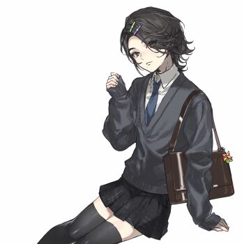 1boy bag bag_charm black_hair black_skirt black_sweater black_thighhighs blue_necktie brown_bag character_request charm_(object) chinese_commentary closed_mouth collared_shirt commentary_request crossdressing crossdressing_(mtf) expressionless eyes_visible_through_hair green_eyes hair_ornament hair_over_one_eye hairclip hanaseto hand_up highres kamen_rider kamen_rider_w long_sleeves male_focus miniskirt mole mole_on_neck mole_under_mouth necktie philip_(kamen_rider) plaid_clothes plaid_skirt pleated_skirt school_bag school_uniform shirt short_hair simple_background skirt sleeves_past_wrists solo sweater thighhighs white_background white_shirt zettai_ryouiki