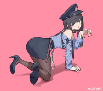 1girl absurdres bare_shoulders baton_(weapon) bent_over black_hair black_nails black_pantyhose black_shoes black_skirt blue_shirt blunt_bangs blunt_ends blush bra bra_strap breasts claw_pose commentary_request cuffs fang female_service_cap fingernails full_body gao handcuffs hat high_heels highres japan_national_police large_breasts long_hair long_sleeves looking_at_viewer nail_polish necktie niboshidrip off-shoulder_shirt off_shoulder on_ground open_clothes open_mouth original pantyhose peaked_cap pencil_skirt police police_badge police_hat police_uniform policewoman red_background red_bra red_eyes shirt shoes sidelocks simple_background skin_fang skirt solo underwear weapon