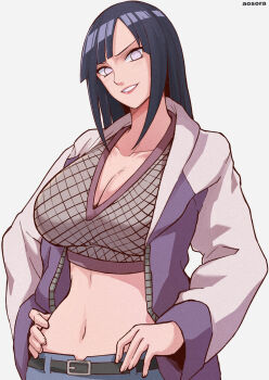 1girl aosora2823 black_hair blue_pants breasts cleavage crop_top fishnet_top fishnets highres hyuuga_hinata jacket large_breasts long_hair naruto:_road_to_ninja naruto_(series) naruto_shippuuden navel no_pupils pants purple_eyes purple_jacket simple_background solo white_background