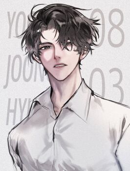 1boy aegyo_sal black_eyes black_hair character_name collared_shirt curtained_hair hair_over_one_eye hashtag-only_commentary highres looking_at_viewer male_focus omniscient_reader&#039;s_viewpoint parted_lips plu_awk shirt short_hair sidelighting solo upper_body white_shirt yoo_joonghyuk