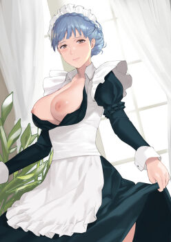 1girl alternate_costume apron black_dress blue_hair braid breasts breasts_out brown_eyes closed_mouth crown_braid curtains curtsey dress enmaided female_focus fire_emblem fire_emblem:_three_houses highres holding_own_dress indoors j@ck large_breasts long_sleeves looking_at_viewer maid maid_apron maid_headdress marianne_von_edmund marianne_von_edmund_(timeskip) nintendo nipples puffy_long_sleeves puffy_sleeves solo underbust white_apron window