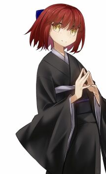 1girl black_kimono blue_bow bow breasts brown_eyes hair_bow highres japanese_clothes kimono kohaku_(tsukihime) long_sleeves looking_at_viewer red_hair short_hair small_breasts smile solo tsukihime tsukihime_(remake) wide_sleeves yubeshi_(zecxl)