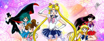 1boy 5girls aino_minako anime_coloring artist_name bishoujo_senshi_sailor_moon blonde_hair blue_bow blue_sailor_collar blue_skirt bow brooch cape chiba_mamoru cowboy_shot doily domino_mask elbow_gloves eye_mask frills gem gloves gradient_background hand_on_own_hip heart heart_brooch hino_rei inner_senshi jewelry kino_makoto magical_boy marco_albiero mask mizuno_ami multiple_girls necklace official_style pearl_(gemstone) pearl_necklace pink_bow pretty_guardian_sailor_moon princess_sailor_moon red_bow sailor_collar sailor_mars sailor_mercury sailor_moon sailor_senshi sailor_venus signature skirt tiara tsukino_usagi tuxedo_kamen twintails v white_gloves