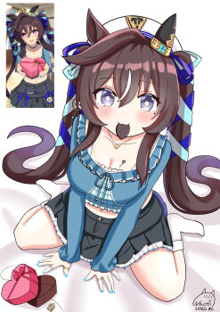 Rule 34 | 1girl, absurdres, animal ears, black skirt, blush, box, breasts, brown hair, casual, chocolate, chocolate on body, cleavage, closed mouth, collarbone, commentary, ear covers, food on body, game screenshot inset, hair between eyes, hat, heart, heart-shaped box, heart necklace, highres, horse ears, horse girl, horse tail, jewelry, large breasts, long hair, long sleeves, looking at viewer, midriff, mole, mole under eye, mouth hold, multicolored hair, nachi (user nspf7482), navel, necklace, purple eyes, screenshot inset, shirt, single ear cover, skirt, smile, tail, twintails, umamusume, untranslatable commentary, vivlos (casual) (umamusume), vivlos (umamusume)