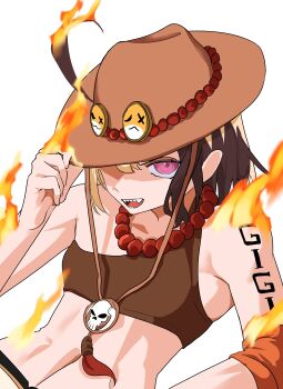 1girl :d absurdres adjusting_clothes adjusting_headwear ahoge alternate_costume alternate_hairstyle arm_tattoo badge bare_arms bare_shoulders bead_necklace beads blonde_hair bob_cut brown_hair brown_hat brown_tank_top burning burning_hair character_name commentary cosplay cowboy_hat daaku_(koizumi_arata) devil_fruit_power fire flat_chest gigi_murin grem_(gigi_murin) hair_down hair_through_headwear hand_on_headwear hand_up hat highres hololive hololive_english jewelry linea_alba looking_at_viewer midriff multicolored_hair navel necklace one_eye_in_shadow one_piece open_mouth partially_shaded_face pink_hair portgas_d._ace portgas_d._ace_(cosplay) pun pyrokinesis reclining sharp_teeth short_hair simple_background skull_ornament smile solo tank_top tattoo teeth text_tattoo too_literal two-tone_hair upper_body upturned_eyes virtual_youtuber white_background