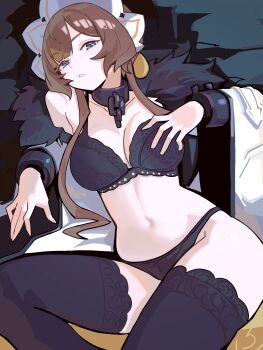 1girl absurdres black_bra black_panties black_thighhighs blue_eyes bra breasts brown_hair coat commentary distr english_commentary genshin_impact highres large_breasts maid_headdress navel panties sandrone_(genshin_impact) short_hair_with_long_locks solo stomach thighhighs thighs underwear underwear_only white_coat