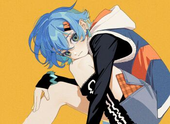 Rule 34 | 1girl, absurdres, adversarial noise, belle (zenless zone zero), black shirt, blue hair, bracelet, crossed bangs, earrings, green eyes, grey skirt, hair between eyes, hair ornament, hand on own leg, head on knee, highres, jewelry, letter hair ornament, long sleeves, looking at viewer, multicolored eyes, multiple earrings, pd honey, shirt, simple background, single sock, sitting, skirt, sleeveless, sleeveless jacket, socks, yellow background, zenless zone zero