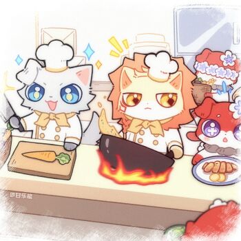 2boys 3girls artist_name basket blue_eyes carrot cat chef_hat chibi chibi_only cross-shaped_pupils facial_tattoo fire flower food ganleneng hair_flower hair_ornament hat highres holding holding_basket holding_knife honkai:_star_rail honkai_(series) indoors knife lion mini_chef_hat multiple_boys multiple_girls mydei_(honkai:_star_rail) phainon_(honkai:_star_rail) plate red_tattoo refrigerator symbol-shaped_pupils tattoo trianne_(honkai:_star_rail) tribbie_(honkai:_star_rail) trinnon_(honkai:_star_rail) white_hat wok yellow_eyes