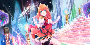 1girl :d audience blue_eyes bow bowtie breasts building cowboy_shot crystal dot_nose dress game_cg gloves glowstick gold_tiara hair_ribbon hands_up head_tilt highres idol idol_clothes lapis_re:lights large_bow layered_skirt looking_at_viewer medium_breasts monitor night official_art open_mouth orange_hair outdoors plaid_bow plaid_bowtie plaid_clothes puffy_short_sleeves puffy_sleeves red_bow red_bowtie red_dress red_skirt ribbon short_sleeves skirt sky smile solo spire stairs standing standing_on_one_leg star_(sky) starry_sky teeth third-party_source tiara_(lapis_re:lights) underbust upper_teeth_only white_gloves white_ribbon white_skirt