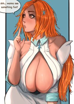 Rule 34 | 1girl, 2025, bare shoulders, bleach, bleach: sennen kessen-hen, border, breasts, brown eyes, bursting breasts, cleavage, cleavage cutout, clothing cutout, collarbone, deep skin, detached sleeves, english text, female focus, hair ornament, hairclip, hanging breasts, highres, inoue orihime, large breasts, long hair, official alternate costume, orange hair, parted lips, puffy sleeves, shiny skin, simple background, skindentation, snowflake hair ornament, speech bubble, upper body, vedart2, white border