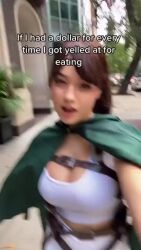 1girl animated audible_music bouncing_breasts breasts brown_hair cape city cleavage cosplay cosplay_photo food green_cape holding holding_food holding_potato large_breasts looking_at_viewer outdoors pants paradis_military_uniform photo_(medium) potato real_life sasha_blouse sasha_blouse_(cosplay) shingeki_no_kyojin shirt sofia_gomez solo_focus sound video white_pants white_shirt